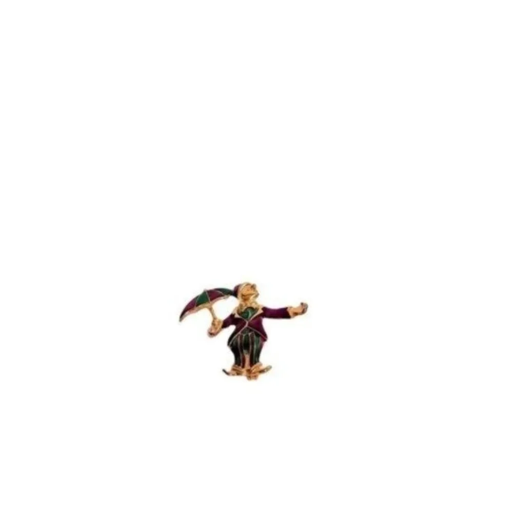 Vintage Clown with Umbrella Enameled Brooch 1950's‎ Gold Tone Colorful Purple